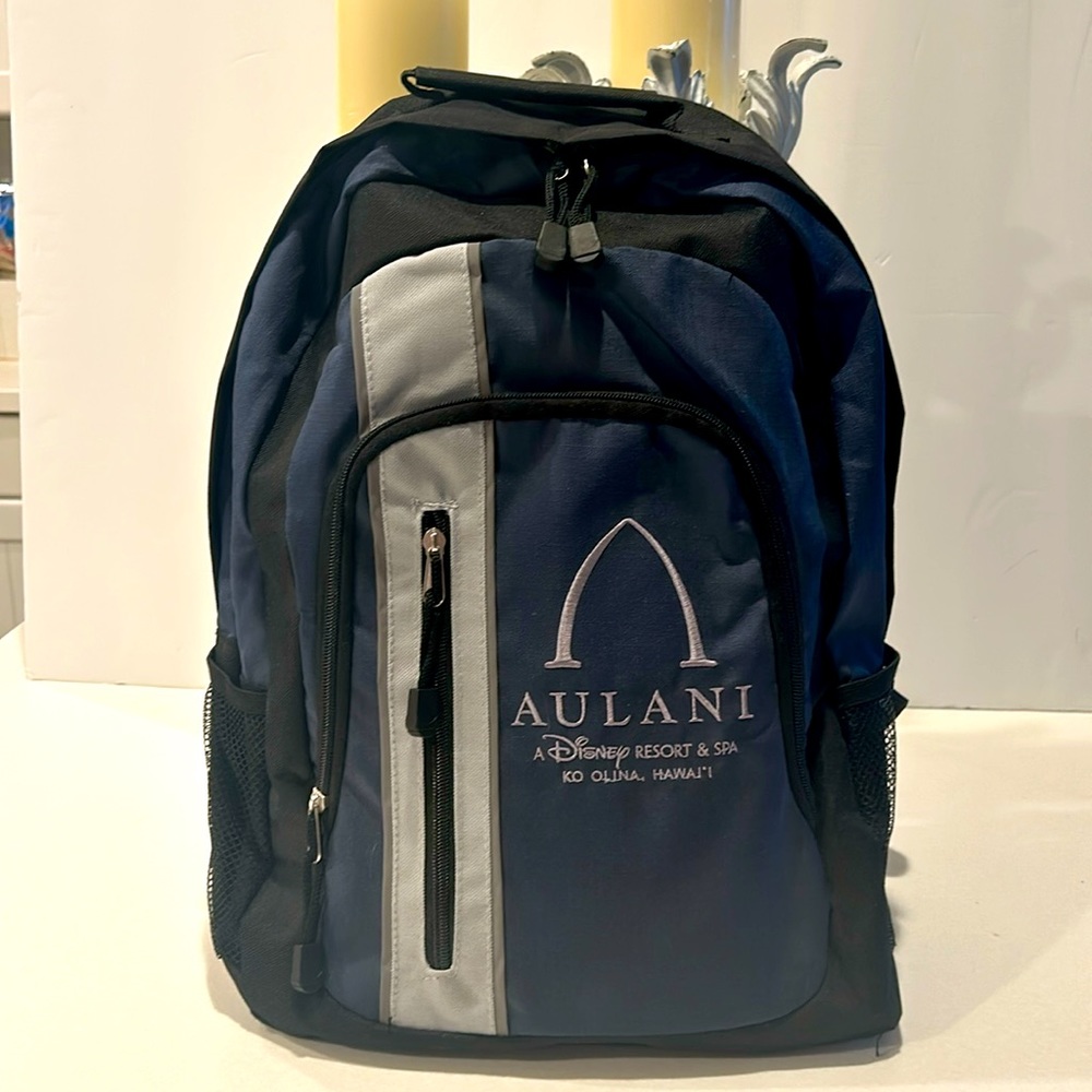Aulani Disney resort and spa backpack. 3 zippered pockets and two netted sides.